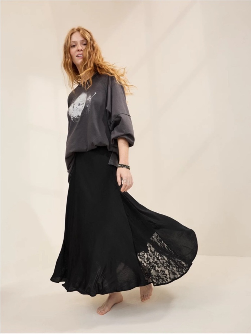 aerie Black Maxi Skirt with Lace Panel